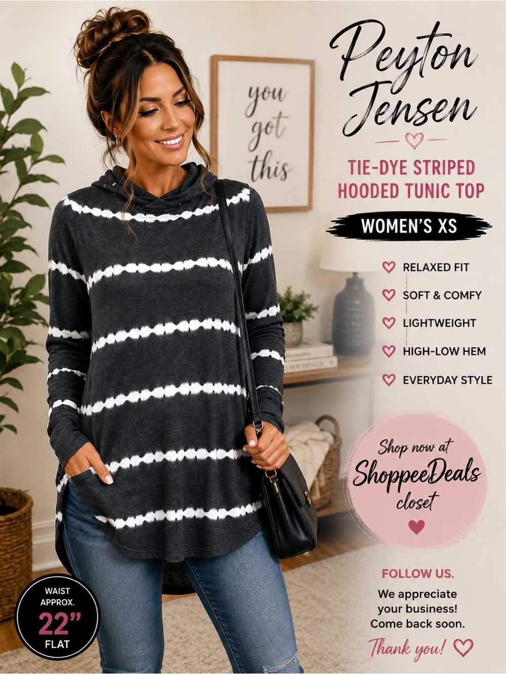 Peyton Jensen Tie-Dye Striped Hooded Tunic Top – Women’s XS